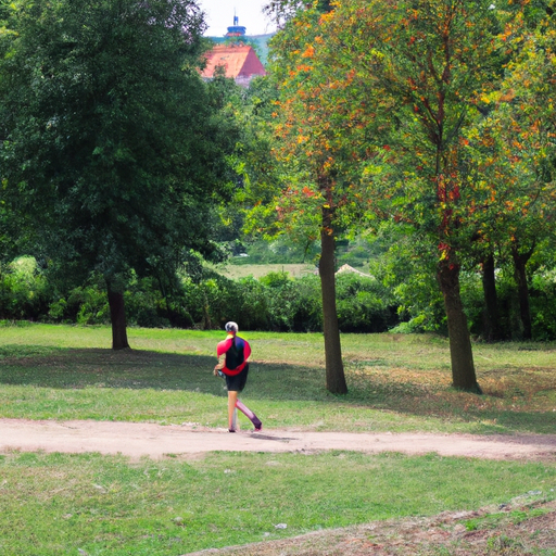 A person jogging in a park surrounded by green trees