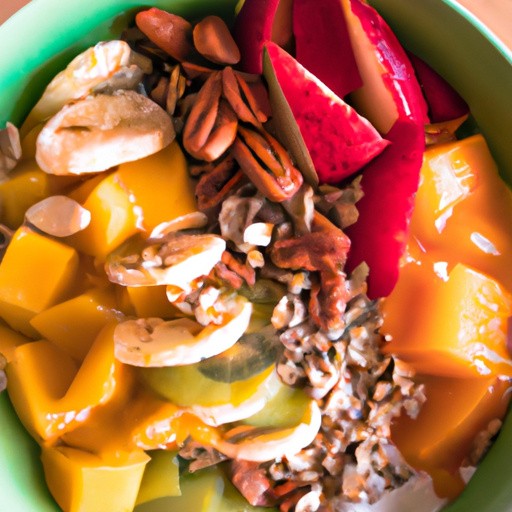 A colorful and nutritious breakfast bowl with fruits, nuts, and yogurt, representing a healthy breakfast choice.