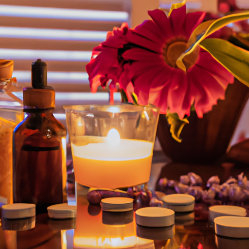 A relaxing spa setup with candles, essential oils, and flowers